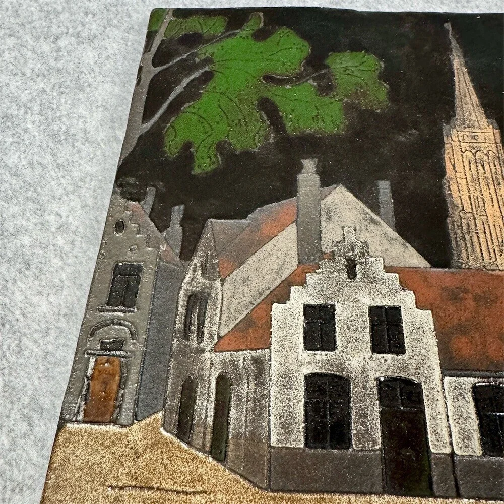 Vintage Hand-Painted Decorative Tile Plaque European Village Church Scene